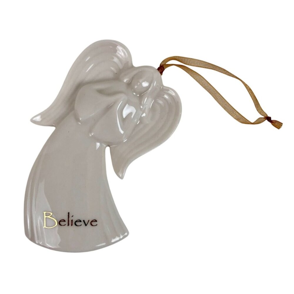 Gund Gifts Believe Angel Ornament Porcelain White Gold Writing Christmas Holiday - Picture 2 of 8